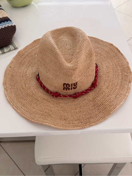 Miu Miu Accessories - Miu Miu Straw Wide-Brim Hat with Red Band